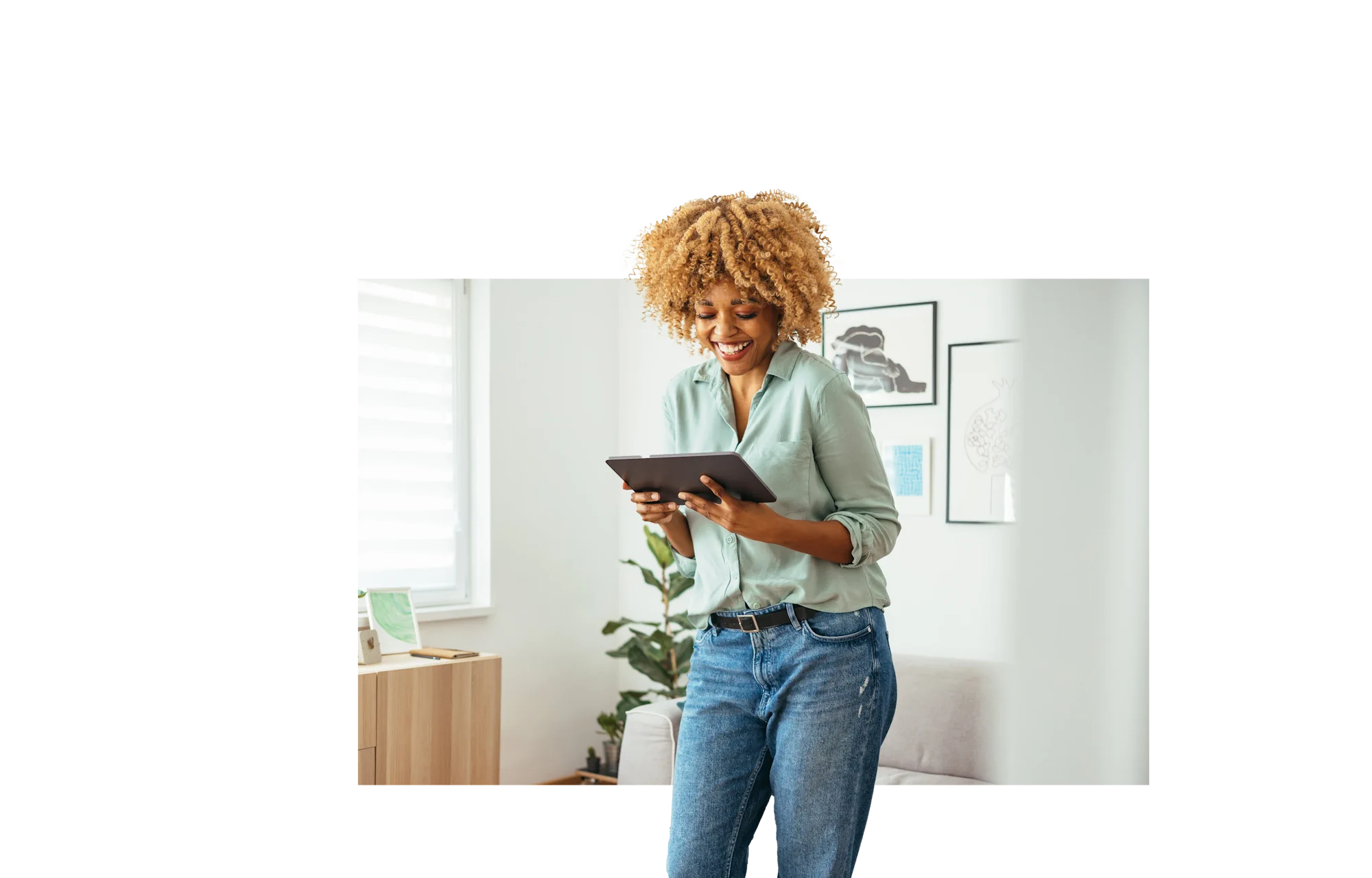 Lady looking at tablet header